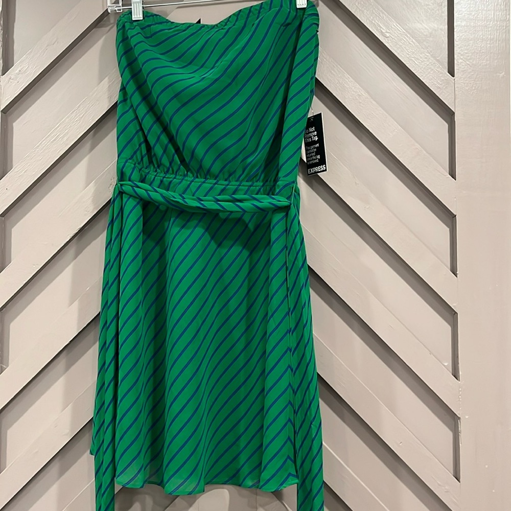 Express strapless belted royal blue and emerald green striped short dress M